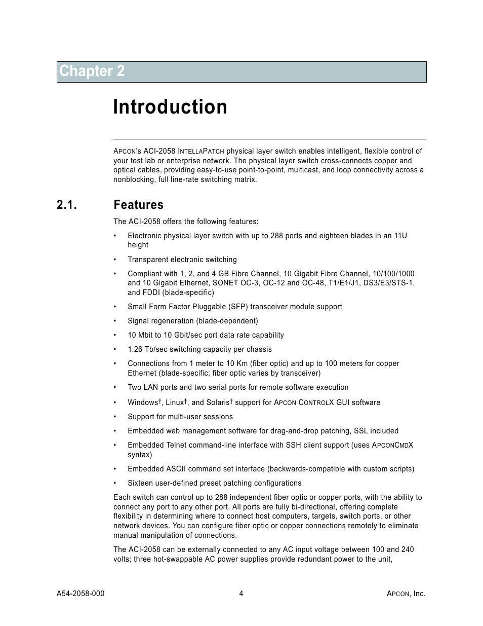 Chapter 2: introduction, Features, Introduction | Chapter 2 | MultiDyne ACI-2058 User Manual | Page 8 / 200