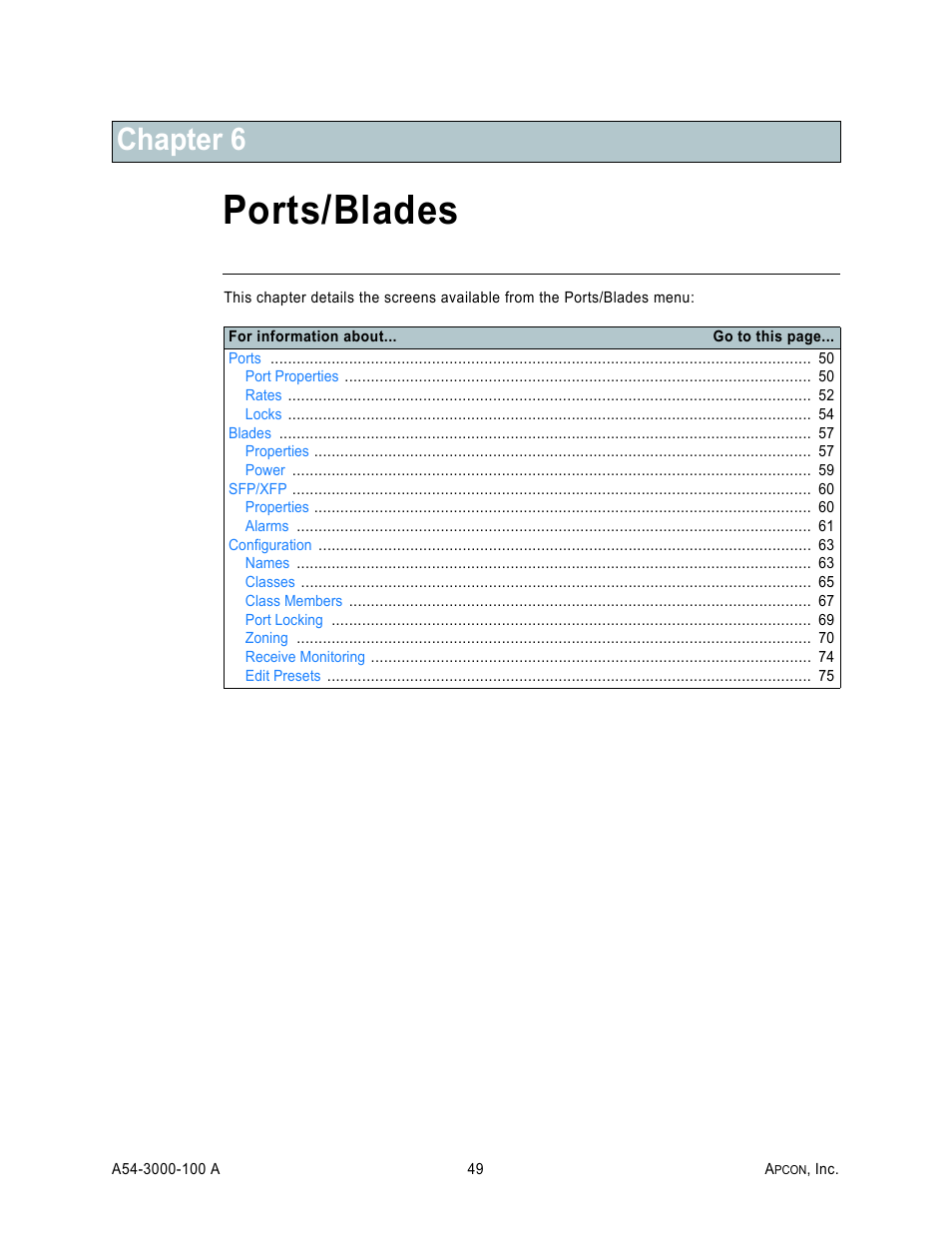 Chapter 6: ports/blades, Ports/blades, Lect ports/blades>po | Lect ports/blades>co, Select ports/blades>ports, Chapter 6 | MultiDyne ACI-2058 User Manual | Page 88 / 200