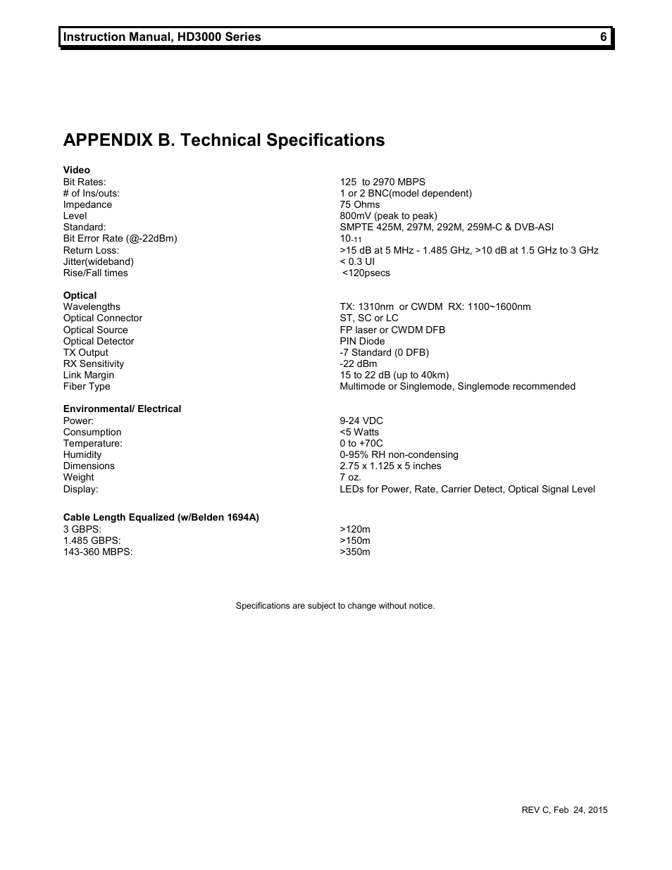 Appendix b. technical specifications | MultiDyne HD3000 Gen2 Series User Manual | Page 9 / 9