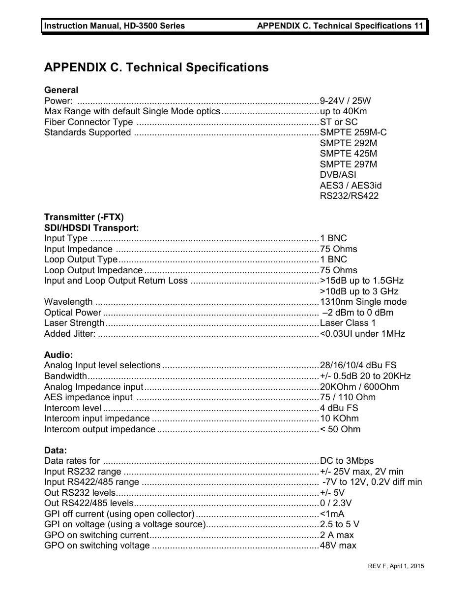 Appendix c. technical specifications | MultiDyne HD-3500 Series User Manual | Page 14 / 16