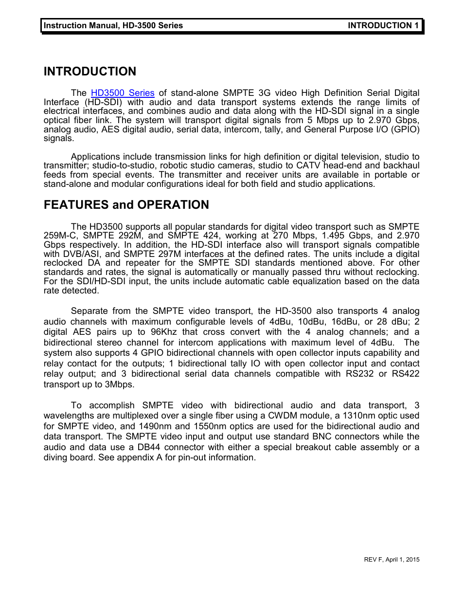 Introduction, Features and operation | MultiDyne HD-3500 Series User Manual | Page 4 / 16