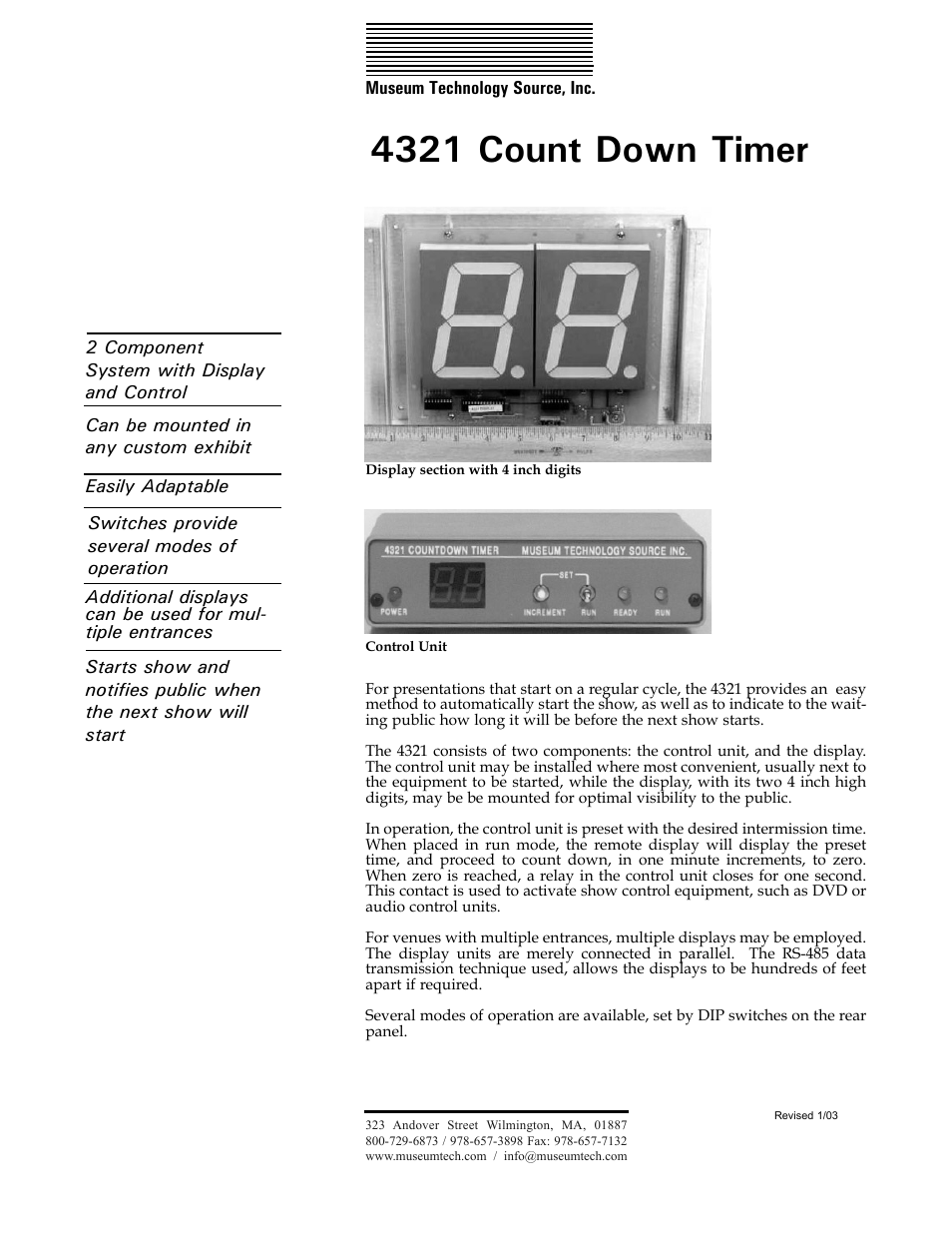 Museum Technology Source 4321 Count Down Timer User Manual | 6 pages