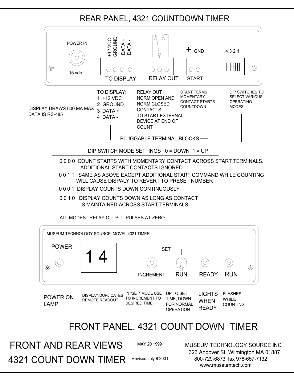 Front panel, 4321 count down timer, Front and rear views 4321 count down timer, Rear panel, 4321 countdown timer | Museum Technology Source 4321 Count Down Timer User Manual | Page 3 / 6