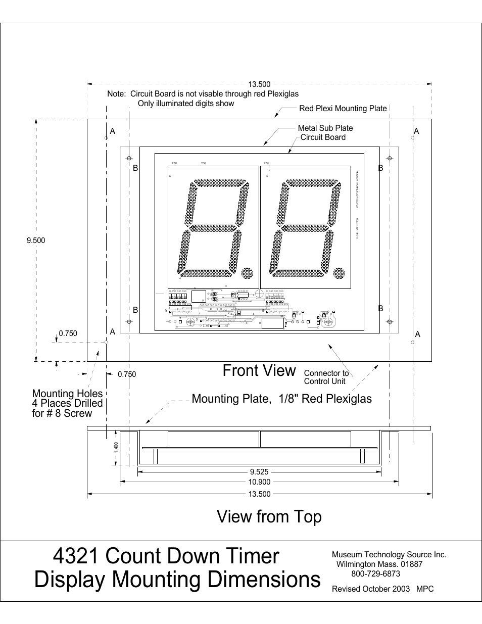 Display mounting dimensions, 4321 count down timer, View from top | Front view, Mounting plate, 1/8" red plexiglas | Museum Technology Source 4321 Count Down Timer User Manual | Page 5 / 6