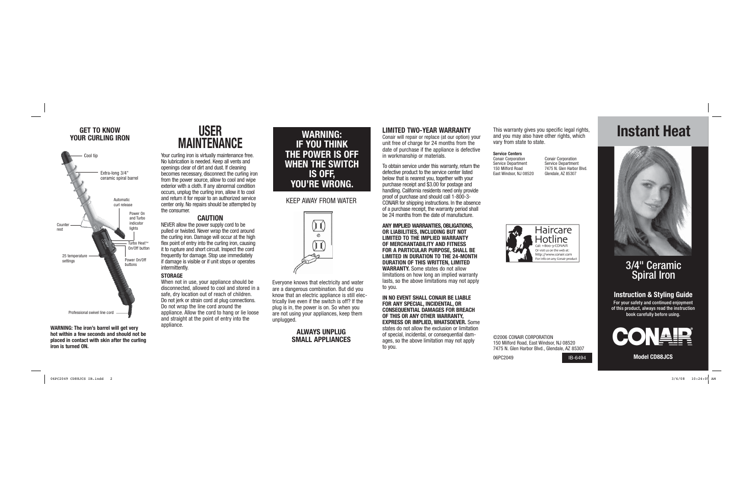 Instant heat, User maintenance, 3/4" ceramic spiral iron | Conair CD88JCS User Manual | Page 2 / 2