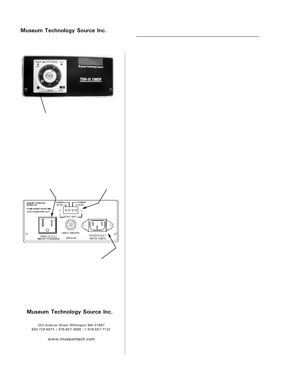 Museum Technology Source TDR-10 Timed Power Control User Manual | 2 pages