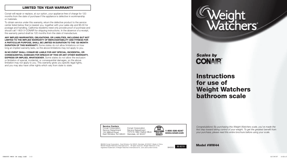 Conair Weight Watchers WW44 User Manual | 2 pages