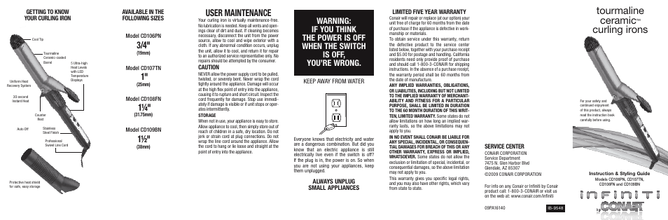 Tourmaline ceramic, Curling irons, User maintenance | Conair CD106PN User Manual | Page 2 / 2
