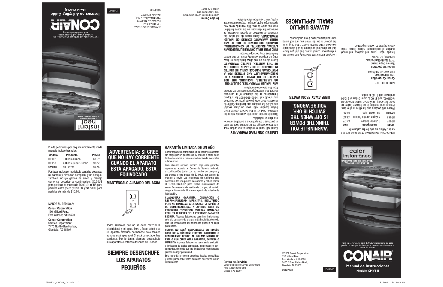 Alw ays unplug small appliances, Siempre desenchufe los aparatos pequeños, Calor | Instantáneo instantáneo | Conair Hairsetter CHV14J User Manual | Page 2 / 2