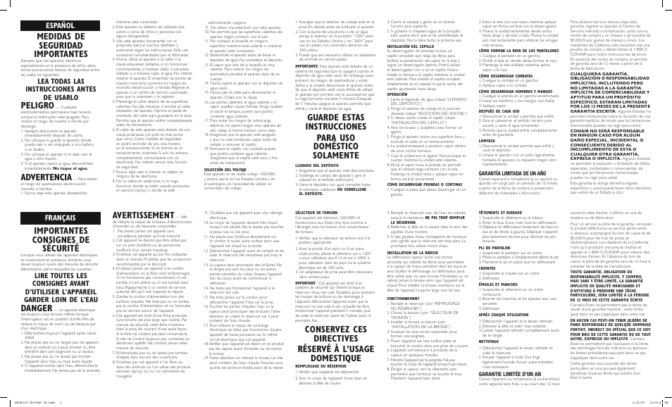 Importantes consignes de sécurité, Danger, Avertissement | Medidas de seguridad importantes, Peligro, Advertencia, Français, Español, Lea todas las instrucciones antes de usarlo, Garantía limitada de un año | Conair TS183MS User Manual | Page 2 / 2