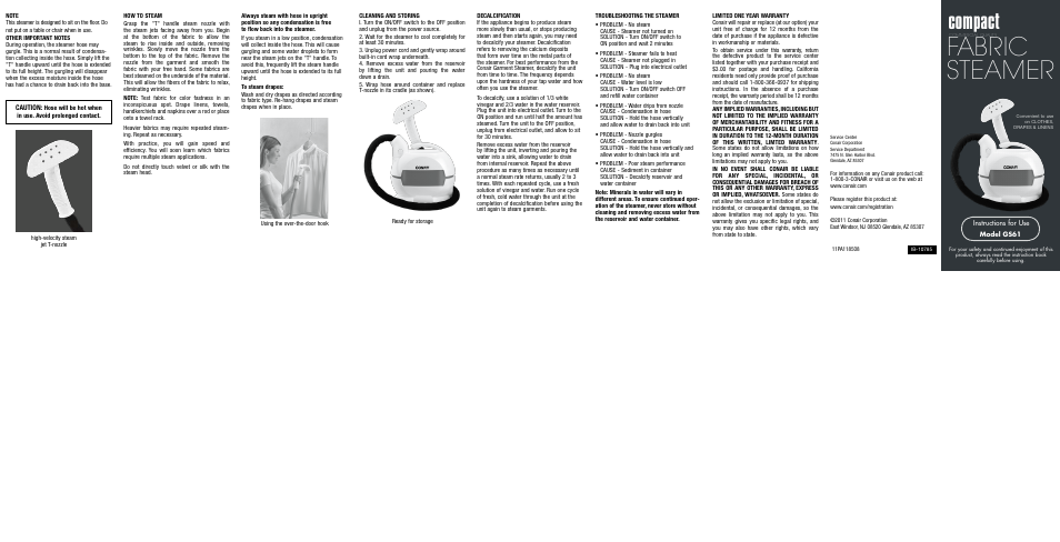 Fabric steamer, Compact | Conair GS61 User Manual | Page 2 / 2
