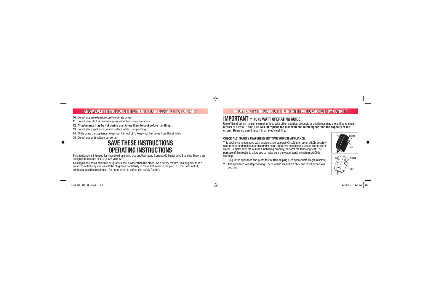 Save these instructions operating instructions, Important, Know everything about the infiniti hair designer | By conair, 1875 watt operating guide | Conair INFINITI 208 User Manual | Page 3 / 34
