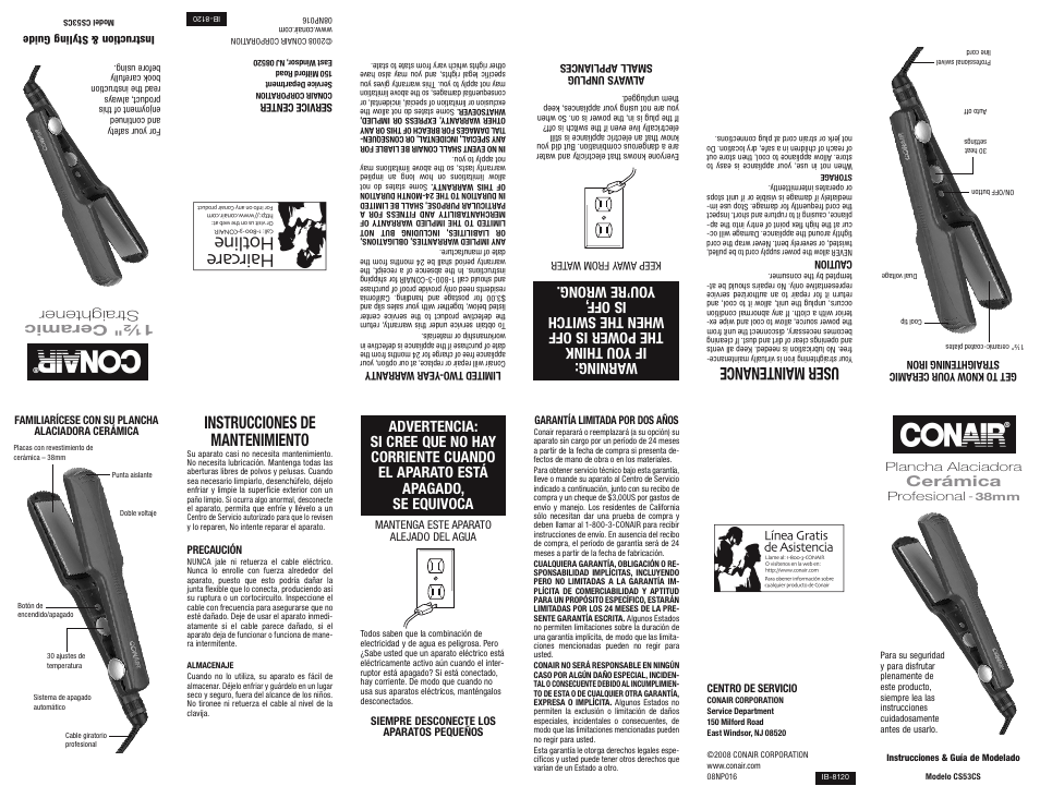 Instrucciones de mantenimiento, Use r m ain ten anc e, 1½" ceramic straightener | Cerámica, Plancha alaciadora, Profesional | Conair CS53CS User Manual | Page 2 / 2