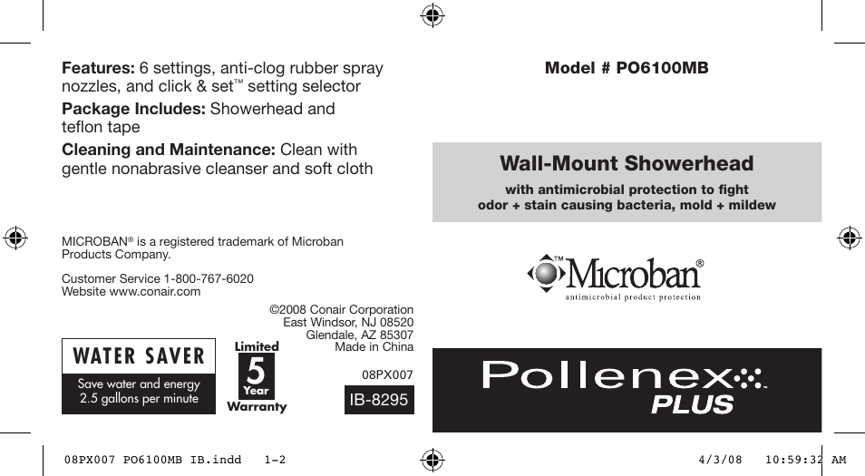 Conair Wall-Mount Showerhead PO6100MB User Manual | 2 pages