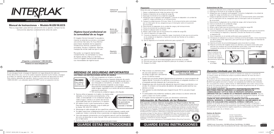 Guarde estas instrucciones, Medidas de seguridad importantes, Información de reciclado de las baterías | Garantía limitada por un año, Manual de instrucciones, Modelo wj2b/wj2cs | Conair INTERPLAK WJ2B User Manual | Page 2 / 2