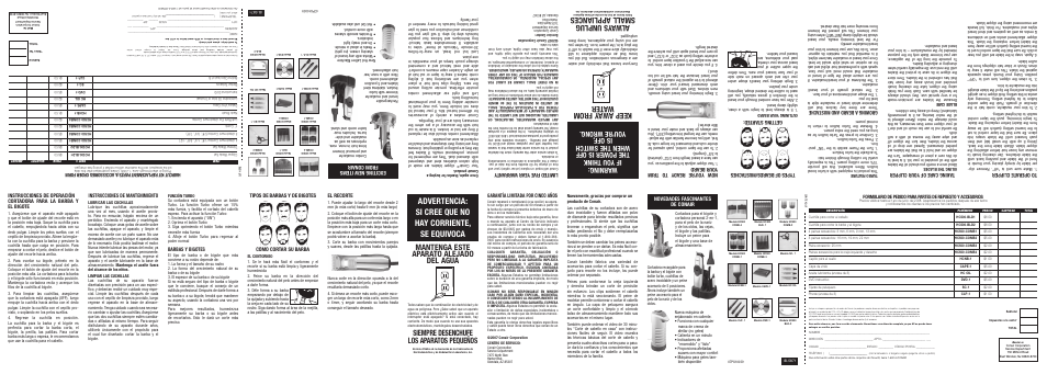 Alw ays unplu g sm all appliances, Keep aw ay from wat er, Siempre desenchufe los aparatos pequeños | Mantenga este aparato alejado del agua, Lim ite d f ive ye ar war ran ty, Exci tin g ne w it em s from conair, Tak ing care of your clipper, Gro win g a be ard an d m ust ach e, Now y ou’ re rea dy to tri m you r b ear d, Garantía limitada por cinco años | Conair HCT495 User Manual | Page 2 / 2