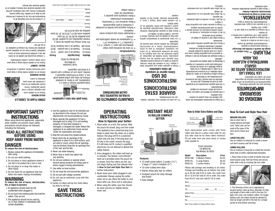 Conair RPHS10J User Manual | 2 pages