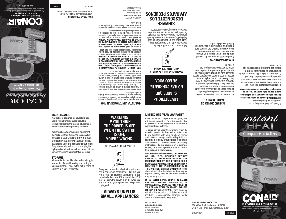 Always unplug small appliances, Siempre desconecte los apara tos pequeños, Compact hot rollers | Conair RPHS10J User Manual | Page 2 / 2