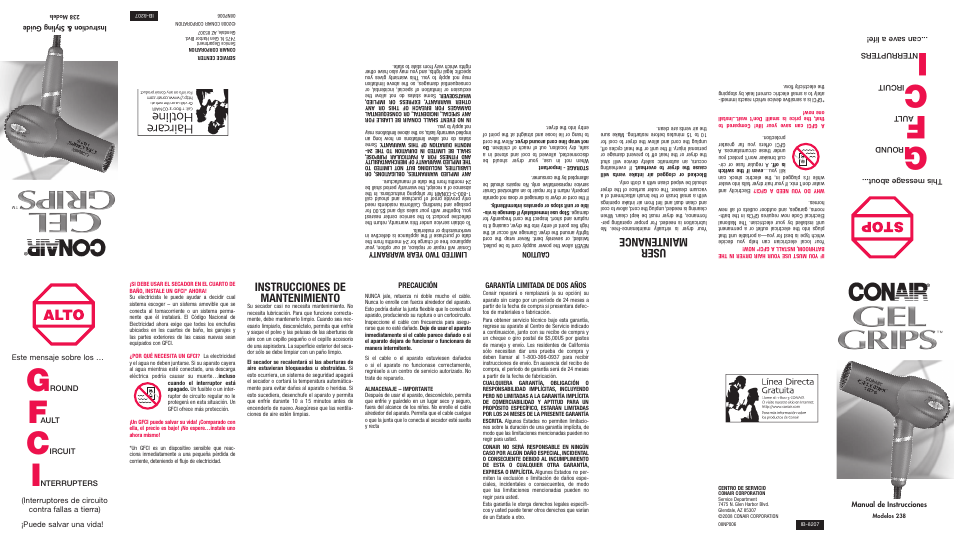 User maintenance, Instrucciones de mantenimiento, This message about | Round, Ault, Ircuit, Nterrupters ...can save a life, Caution, Limited two year w arranty, Este mensaje sobre los | Conair 238 User Manual | Page 2 / 2