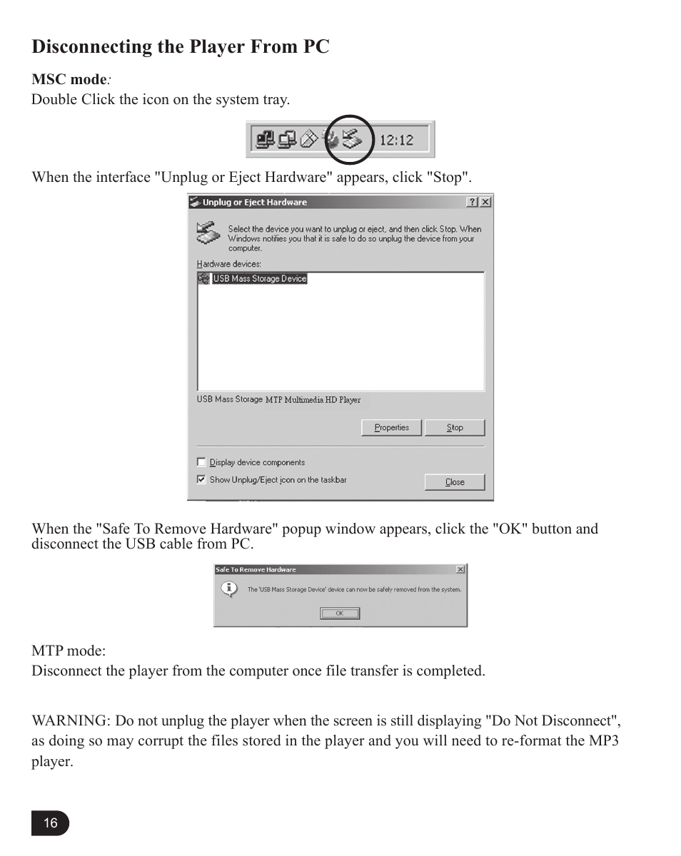 Disconnecting the player from pc | MyMusix PD-6070 User Manual | Page 17 / 33