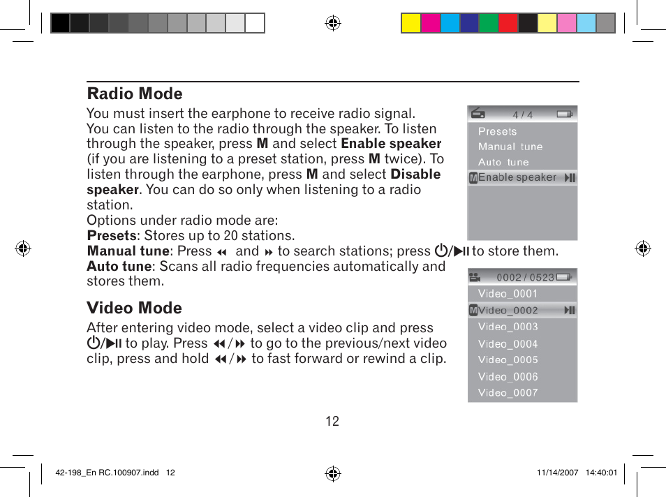 Radio mode, Video mode | MyMusix 42-198 User Manual | Page 12 / 20