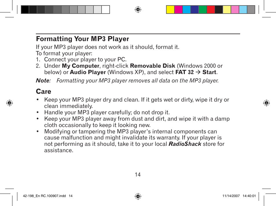 Formatting your mp3 player, Care | MyMusix 42-198 User Manual | Page 14 / 20