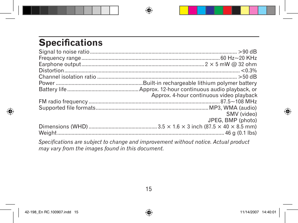 Specifications | MyMusix 42-198 User Manual | Page 15 / 20