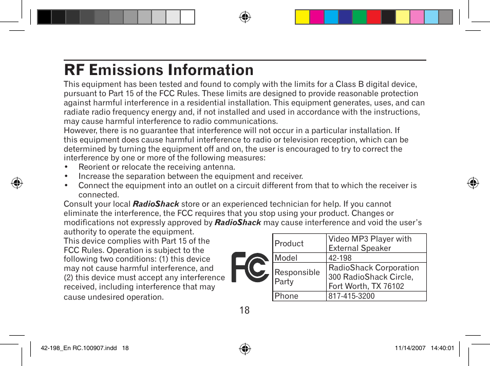 Rf emissions information | MyMusix 42-198 User Manual | Page 18 / 20