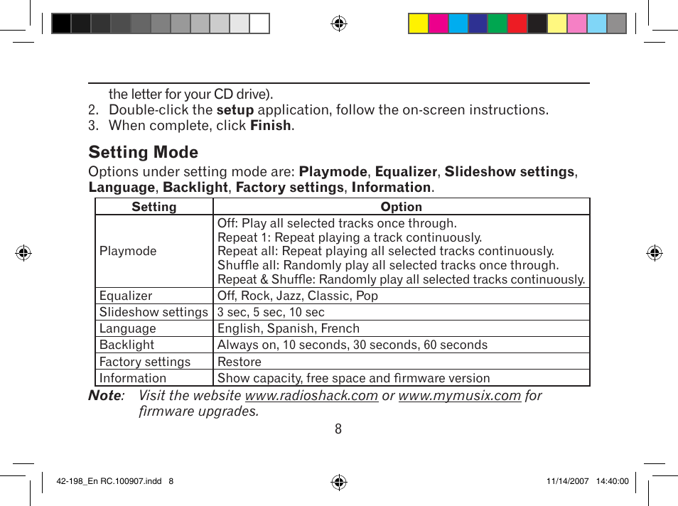 Setting mode | MyMusix 42-198 User Manual | Page 8 / 20