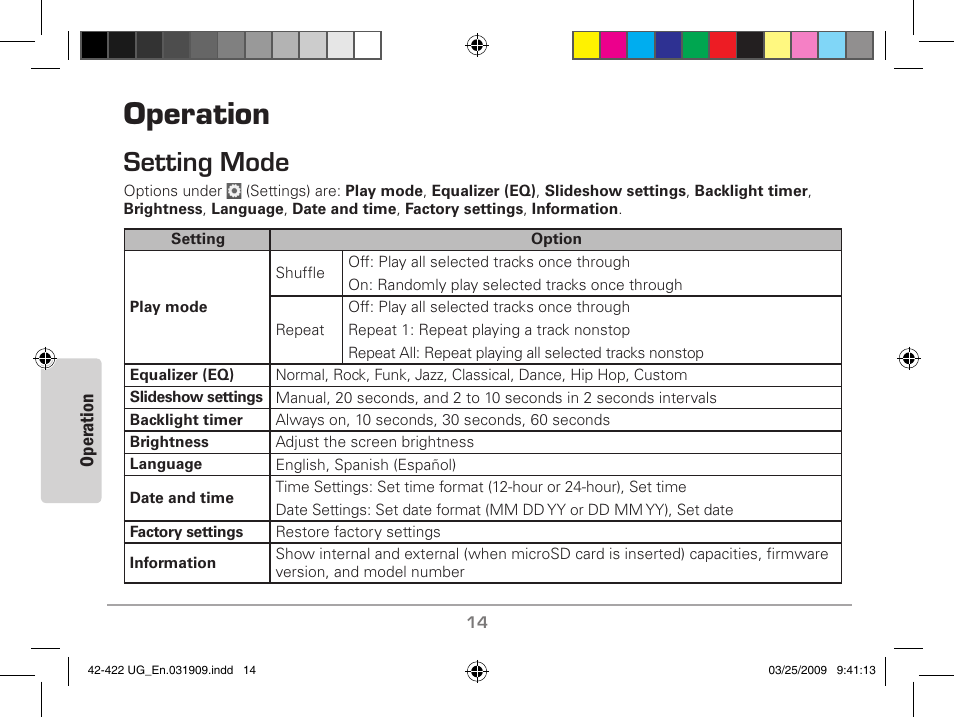 Operation, Setting mode | MyMusix 42-422 User Manual | Page 14 / 48