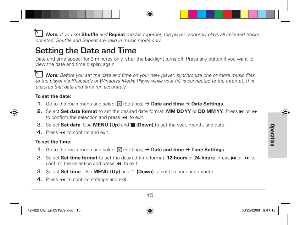 Setting the date and time | MyMusix 42-422 User Manual | Page 15 / 48