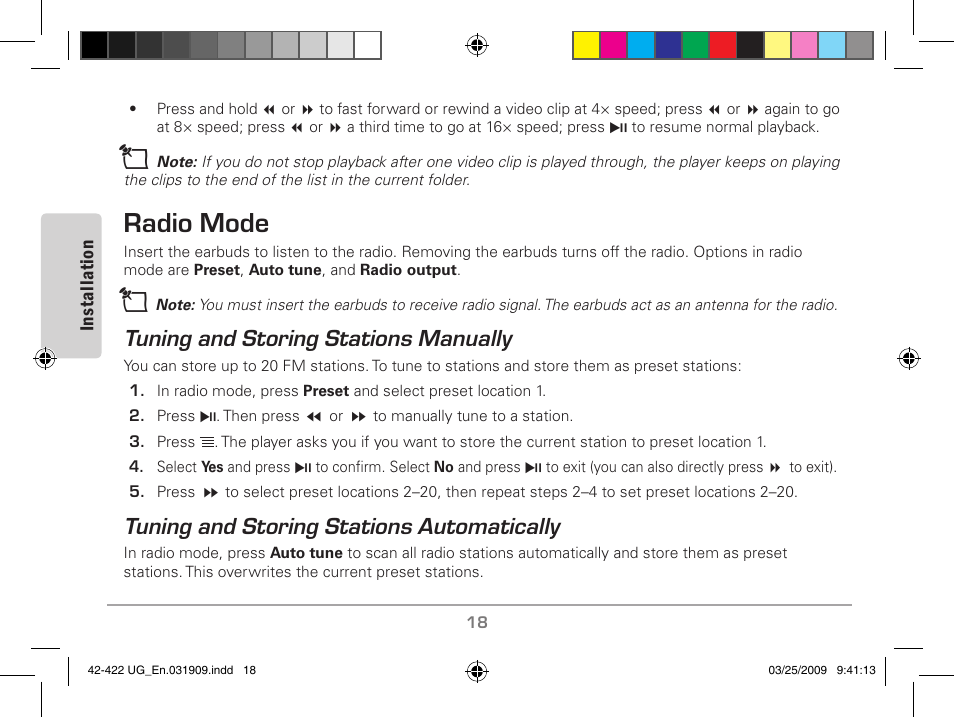Radio mode, Tuning and storing stations manually, Tuning and storing stations automatically | MyMusix 42-422 User Manual | Page 18 / 48