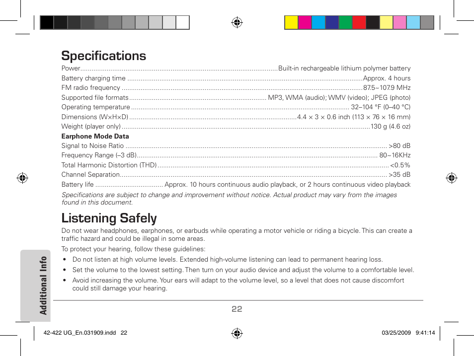 Specifications listening safely, Specifications, Listening safely | MyMusix 42-422 User Manual | Page 22 / 48