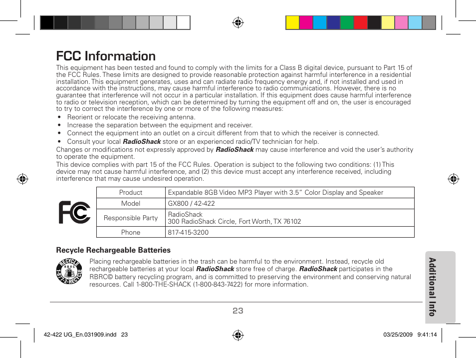 Fcc information, Ad dit io na l i nfo | MyMusix 42-422 User Manual | Page 23 / 48