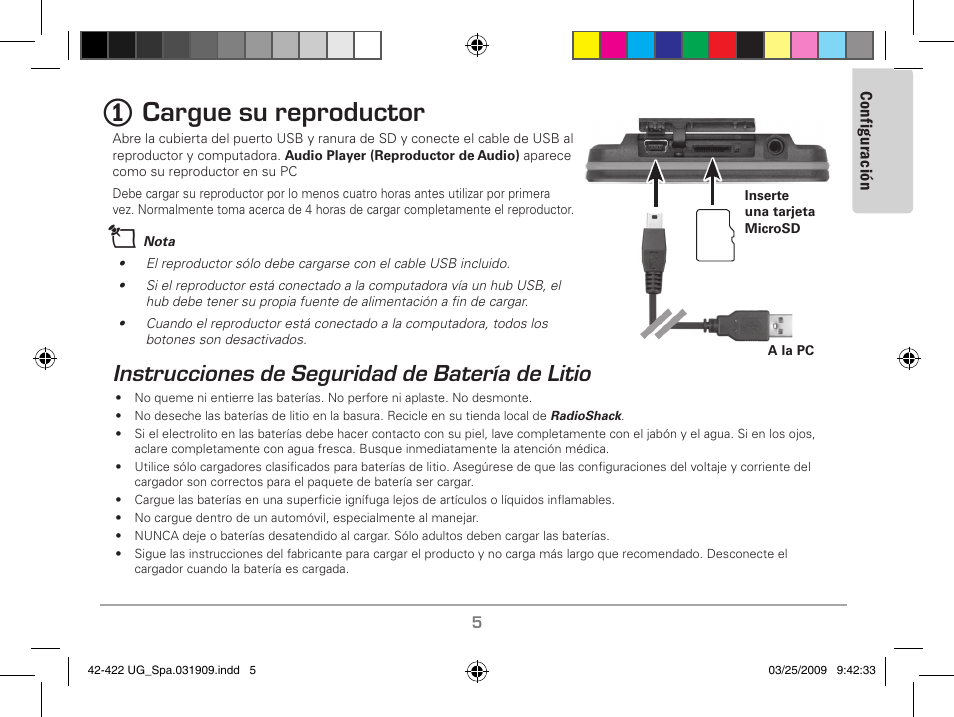 Cargue su reproductor, Instrucciones de seguridad de batería de litio | MyMusix 42-422 User Manual | Page 29 / 48