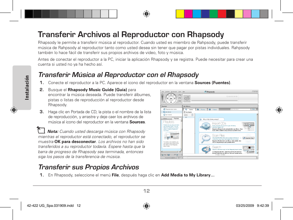 Rhapsody, Transferir archivos al reproductor con rhapsody, Transferir música al reproductor con el rhapsody | Transferir sus propios archivos | MyMusix 42-422 User Manual | Page 36 / 48