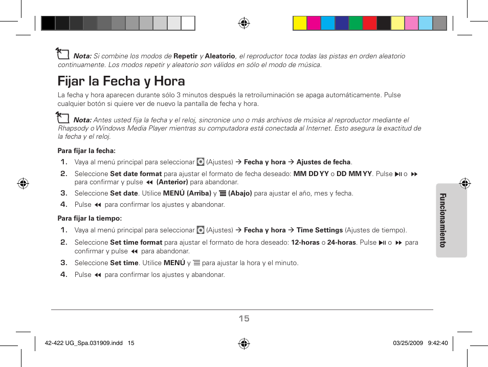 Hora, Fijar la fecha y hora | MyMusix 42-422 User Manual | Page 39 / 48