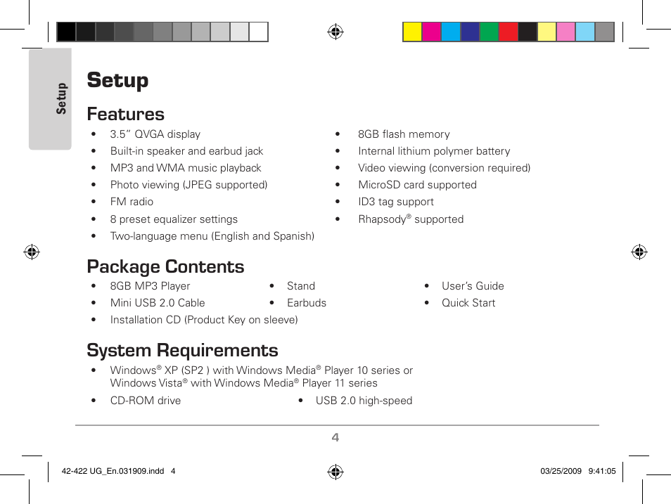 Setup, Features package contents system requirements, Features | Package contents, System requirements, Se tu p | MyMusix 42-422 User Manual | Page 4 / 48