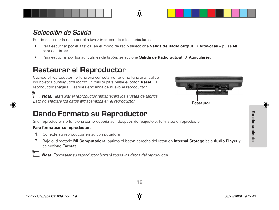 Alida, Eproductor, Restaurar el reproductor | Dando formato su reproductor, Selección de salida | MyMusix 42-422 User Manual | Page 43 / 48