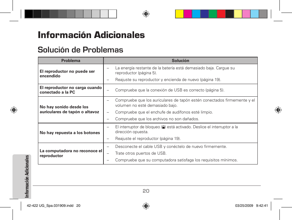 Información adicionales, Solución de problemas | MyMusix 42-422 User Manual | Page 44 / 48