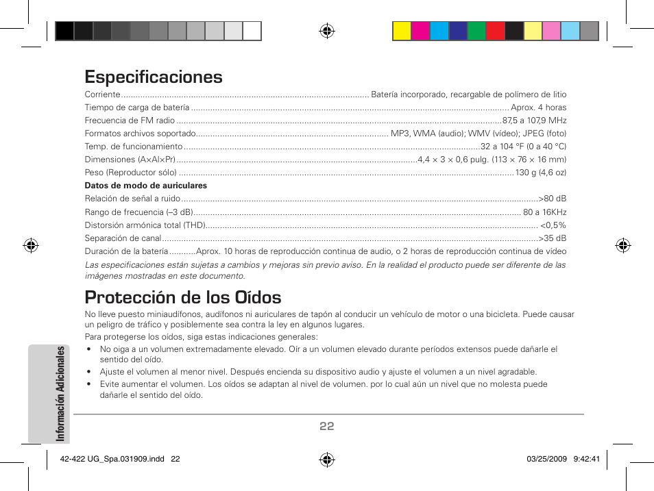 Especificaciones, Oídos, Protección de los oídos | MyMusix 42-422 User Manual | Page 46 / 48