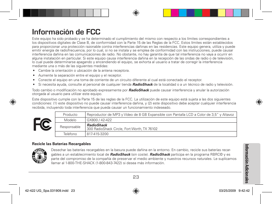 Información de fcc, Info rm ac ión ad icio na les | MyMusix 42-422 User Manual | Page 47 / 48