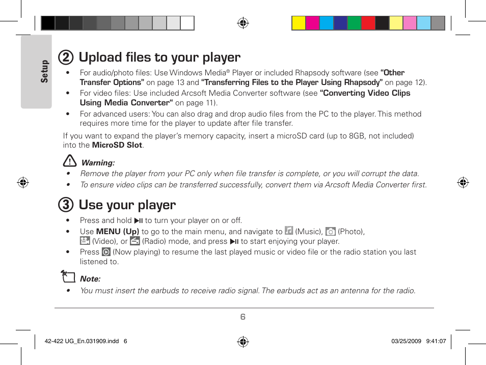 Upload files to your player, Use your player | MyMusix 42-422 User Manual | Page 6 / 48