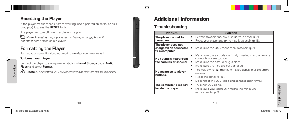 Resetting the player, Formatting the player, Additional information | Troubleshooting, Resetting.the.player formatting.the.player, Additional.information | MyMusix 42-542 User Manual | Page 10 / 14