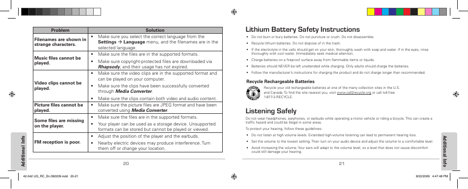 Lithium battery safety instructions, Listening safely | MyMusix 42-542 User Manual | Page 11 / 14