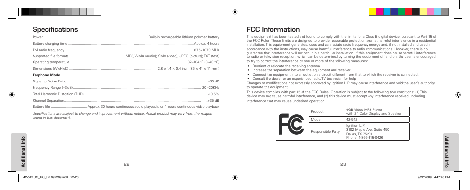 Specifications, Fcc information, Ad di ti on al i nf o | Ad dit io na l i nfo | MyMusix 42-542 User Manual | Page 12 / 14