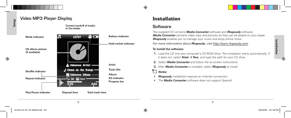 Media player display, Installation, Software | Player.display, Video mp3 player display | MyMusix 42-542 User Manual | Page 5 / 14