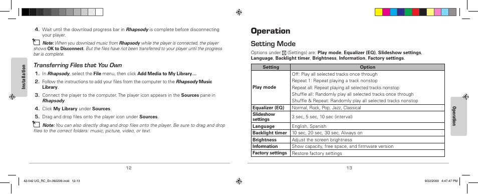 Transferring files that you own, Operation, Setting mode | Transferring.files.that.you.own, Setting.mode | MyMusix 42-542 User Manual | Page 7 / 14