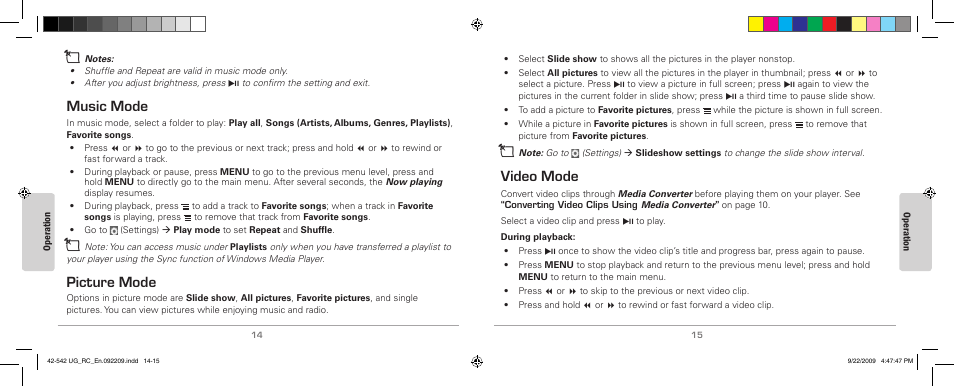 Music mode, Picture mode, Video mode | Music.mode picture.mode, Video.mode | MyMusix 42-542 User Manual | Page 8 / 14