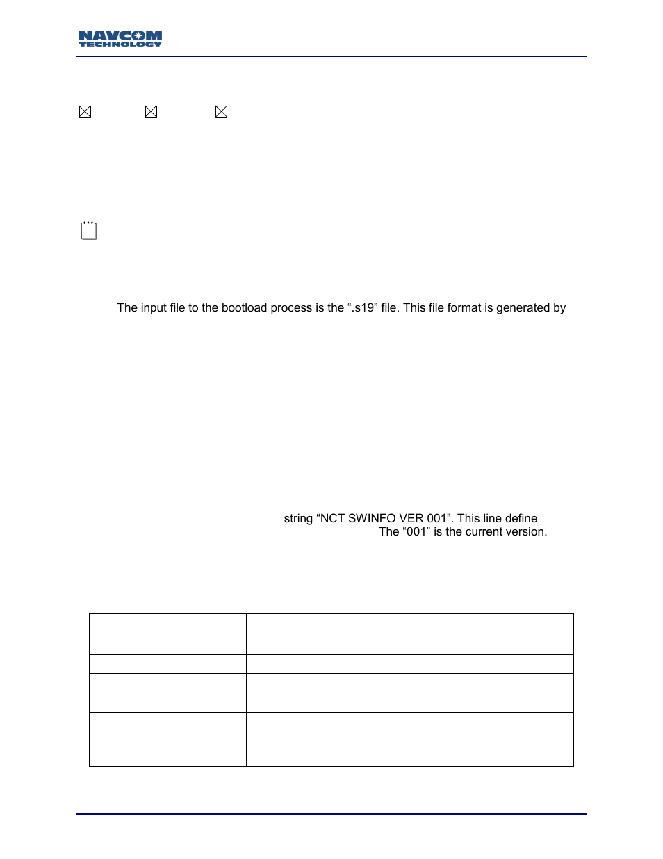 Bootloadb (binary), Bootload input file format, Solaris (sapphire) s0 record format | Table 17: software info structure definition | NavCom Sapphire Rev.J User Manual | Page 59 / 450